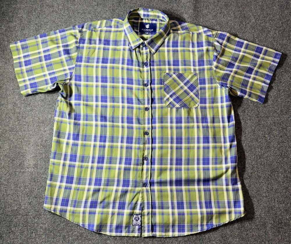 Rocawear Classic Green Blue Plaid Button-Up Shirt 3XB